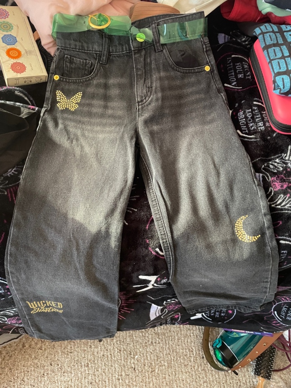 Wicked X Justice Girls Black Embellished Wide-Leg Jeans